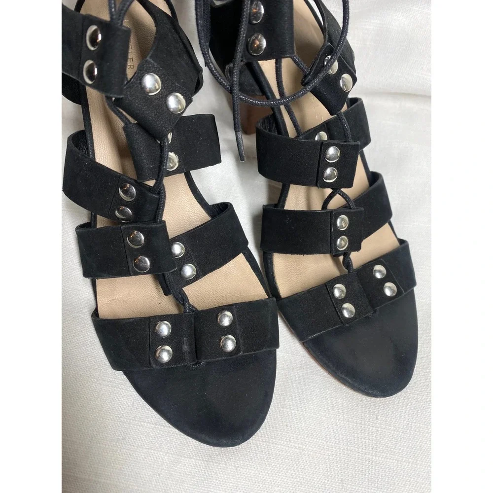 Loeffler‎ Randall Hana Lace-Up Gladiator Heeled Sandals Black Leather Size 7